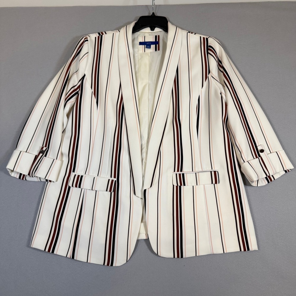 Apt. 9 Womens XXL White Striped Open Front Blazer 3/4 Sleeve Shawl Collar Jacket